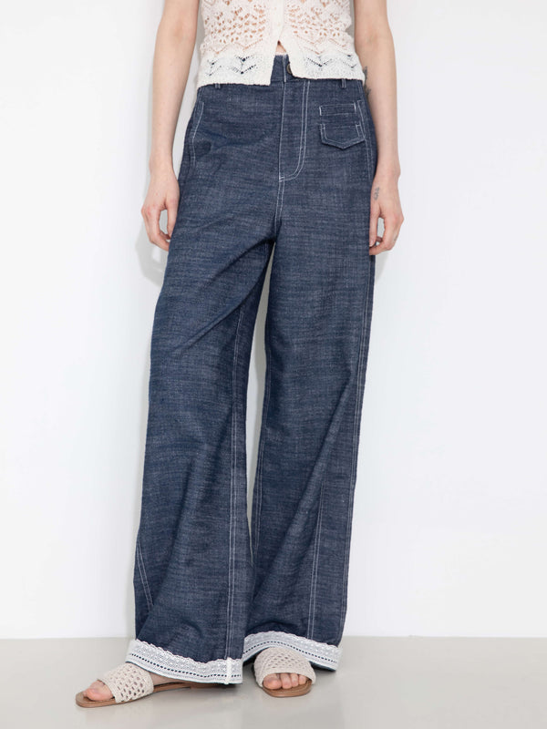 Cubic Linen-Cotton Lace Wide-Leg Straight Jeans Navy