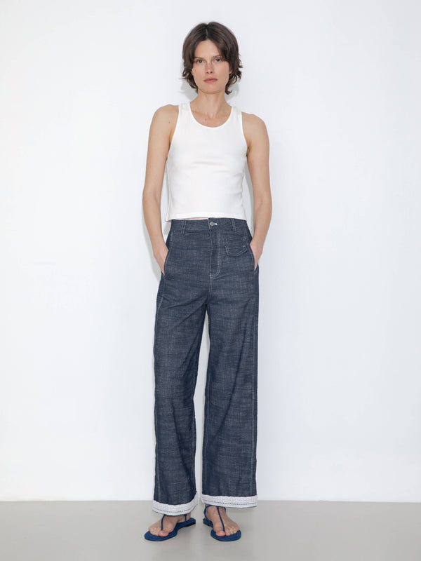 Cubic Linen-Cotton Lace Wide-Leg Straight Jeans Navy
