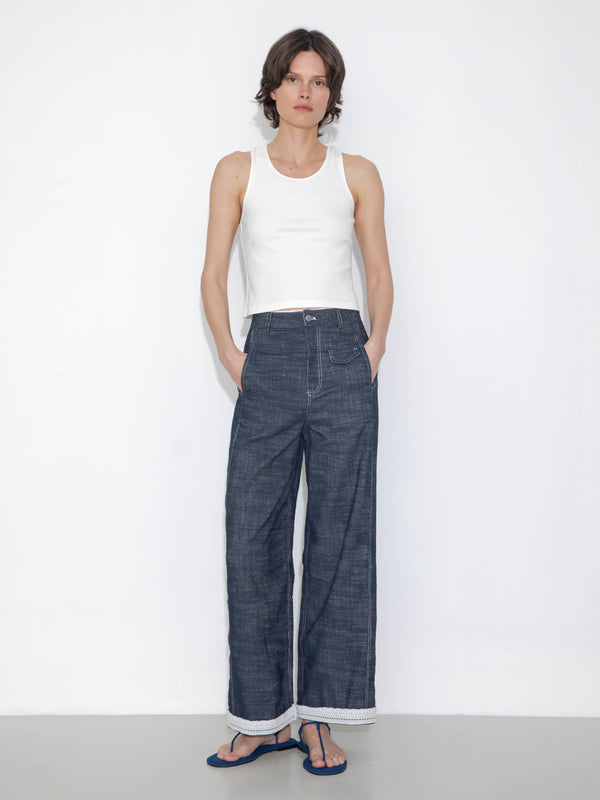Cubic Linen-Cotton Lace Wide-Leg Straight Jeans Navy