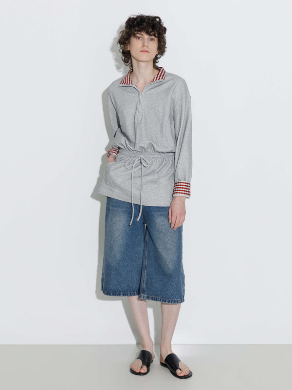 cubic Long Sleeve Color-Block Drawstring Waist Polo Shirt Gray