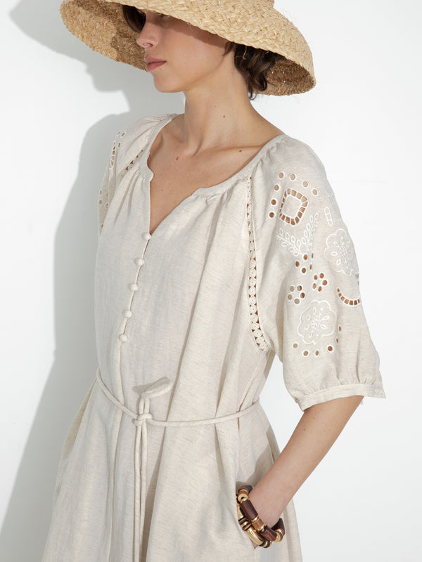Cubic Loose-Fit Eyelet Embroidered Short-Sleeve Dress Beige