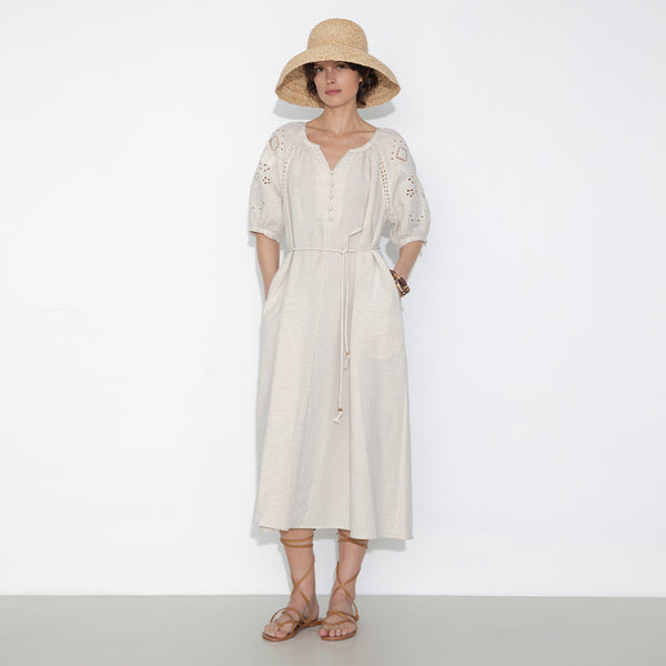 Cubic Loose-Fit Eyelet Embroidered Short-Sleeve Dress Beige