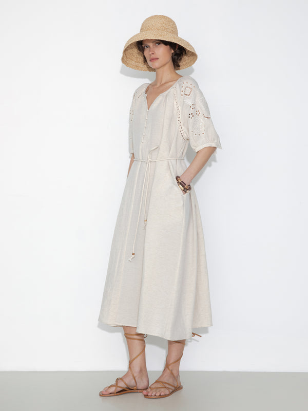 Cubic Loose-Fit Eyelet Embroidered Short-Sleeve Dress Beige