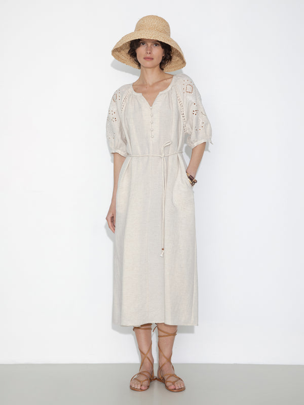 cubic Loose-Fit Eyelet Embroidered Short-Sleeve Dress Beige