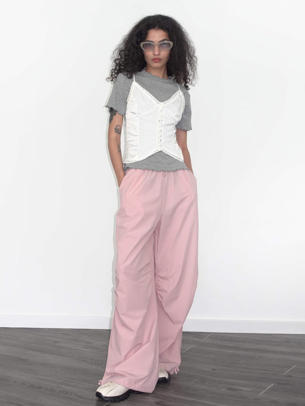 Cubic Loose Parachute Trousers With Elastic Waist Pink