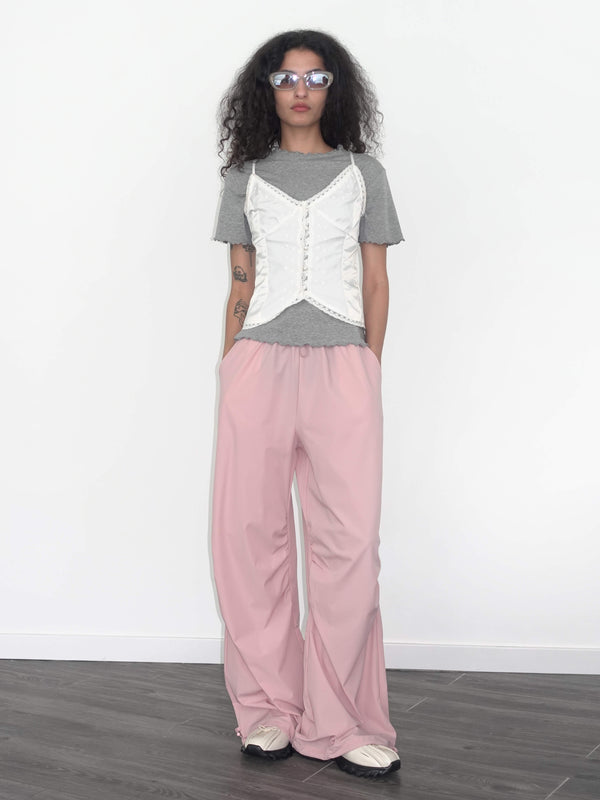 Cubic Loose Parachute Trousers With Elastic Waist Pink