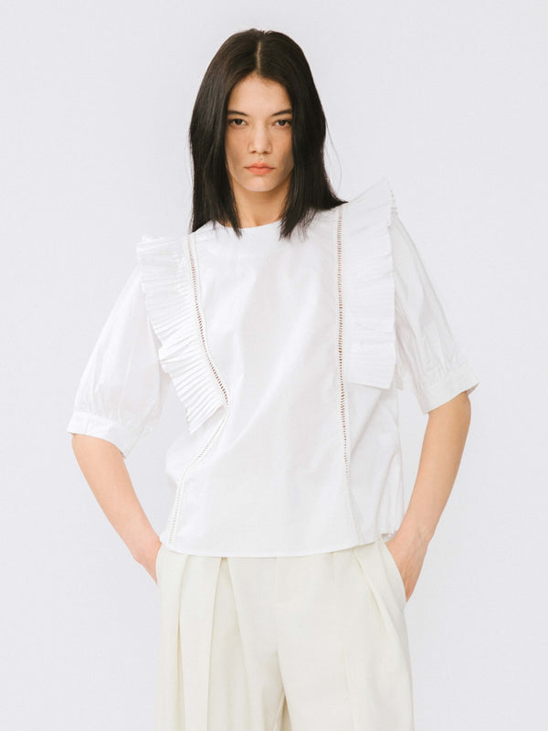cubic Loose Pleated Ruffled Crew Neck T-shirt White