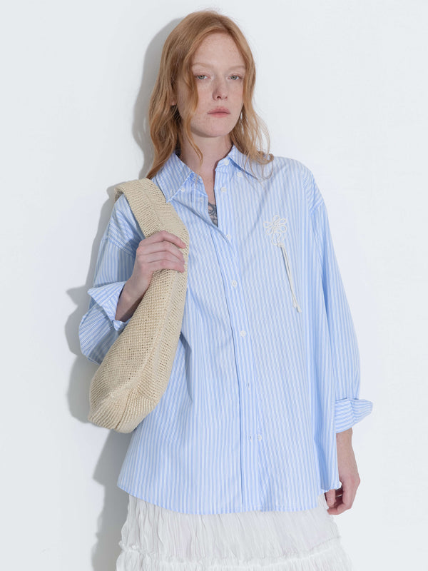 Cubic Loose Striped Shirt With Cord Embroidery SkyBlue