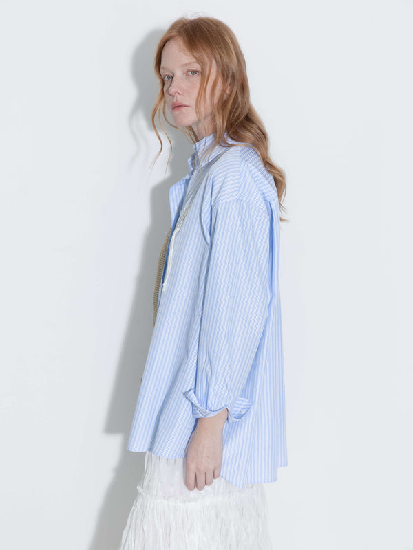 Cubic Loose Striped Shirt With Cord Embroidery SkyBlue