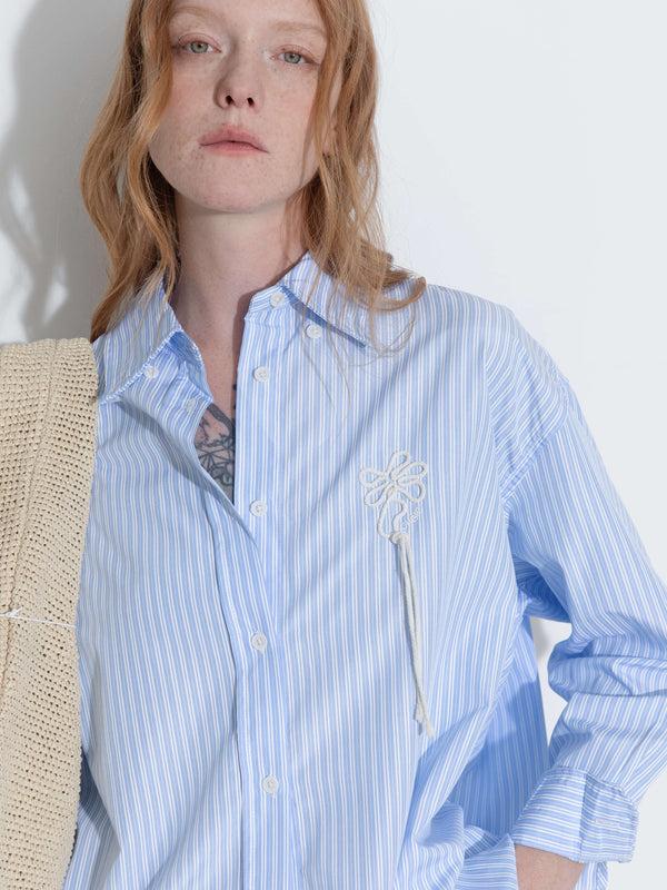 Cubic Loose Striped Shirt With Cord Embroidery SkyBlue