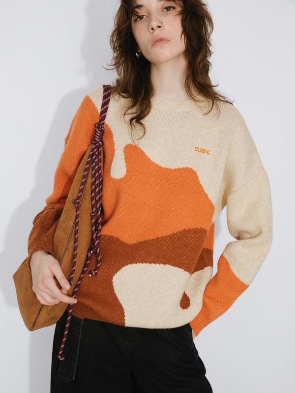 Cubic Melting Colour Block Oversized Knit Sweater Orange