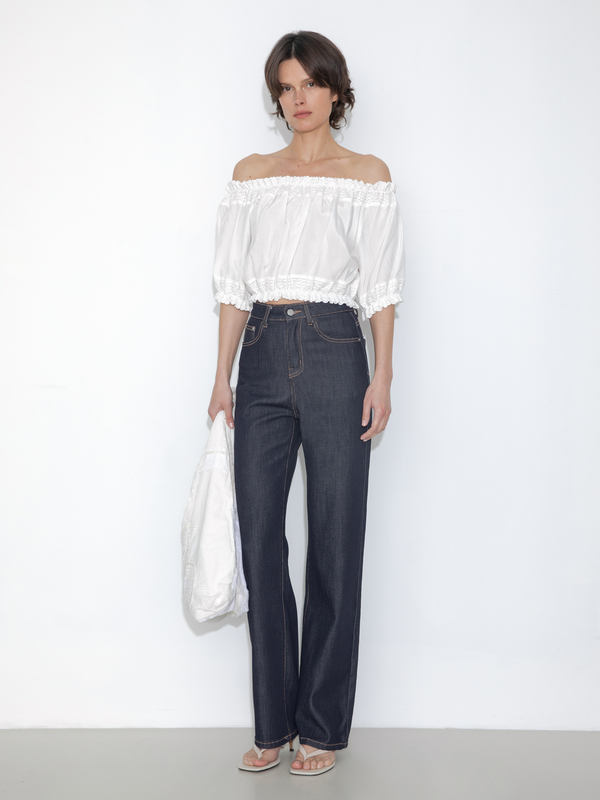 Cubic Off-Shoulder Cropped Top With Cut-Out Panels White