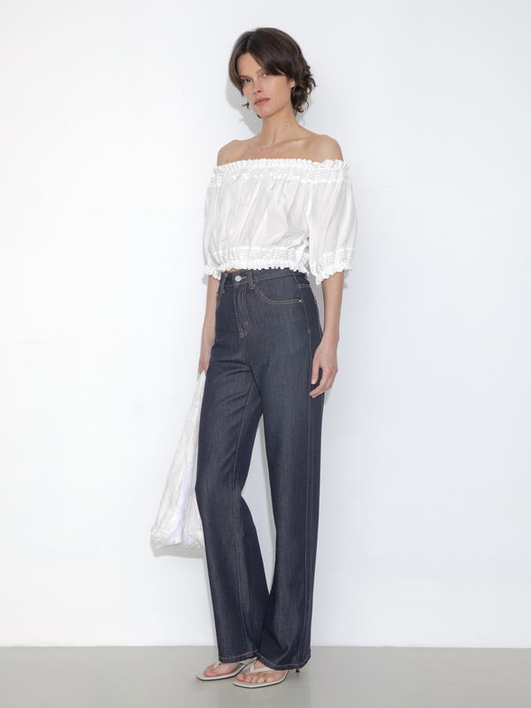 Cubic Off-Shoulder Cropped Top With Cut-Out Panels White