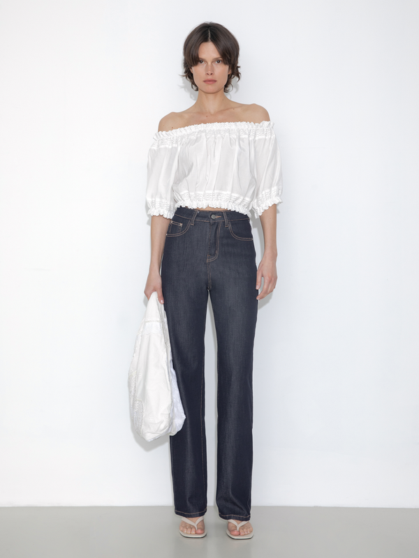 cubic Off-Shoulder Cropped Top with Cut-Out Panels White