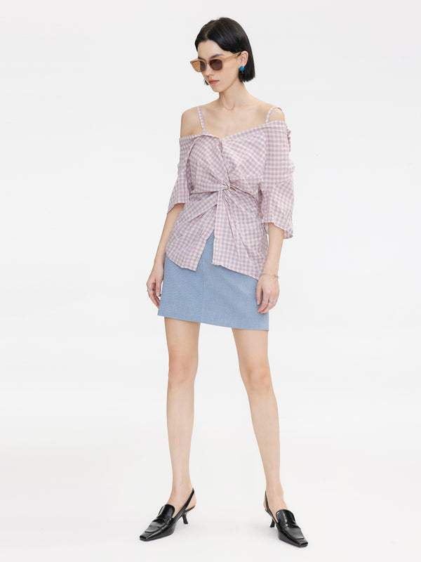 Cubic Off-Shoulder Knotted Checkered Blouse Thistle
