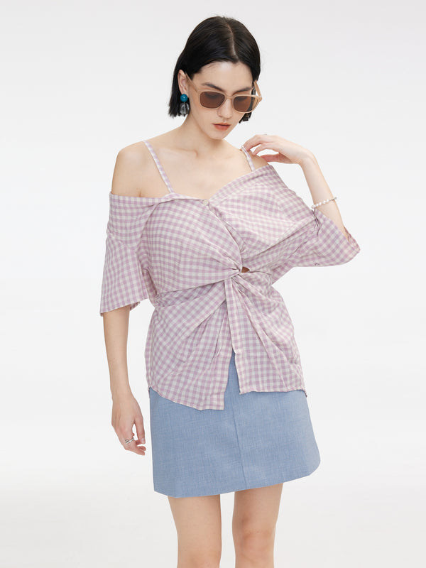 Cubic Off-Shoulder Knotted Checkered Blouse Thistle
