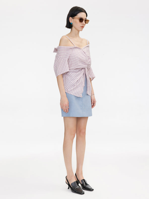 Cubic Off-Shoulder Knotted Checkered Blouse Thistle