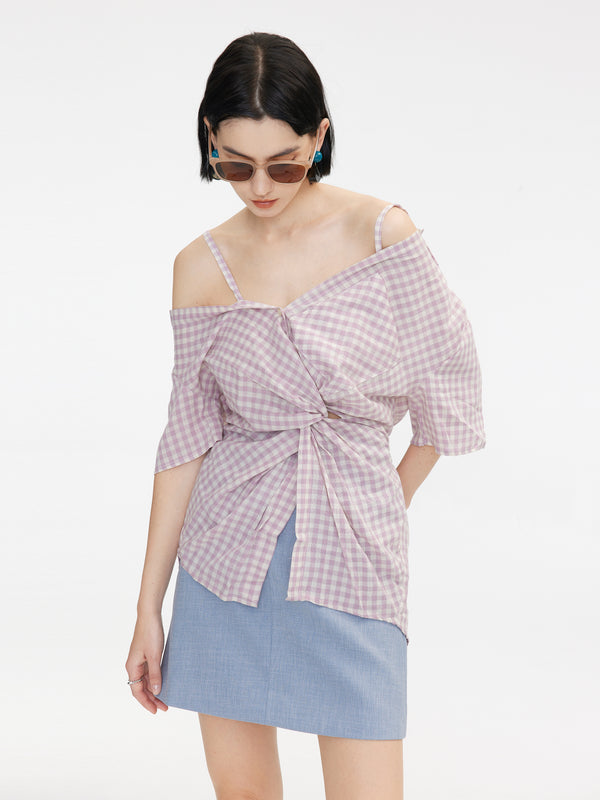 cubic Off-Shoulder Knotted Checkered Blouse Thistle