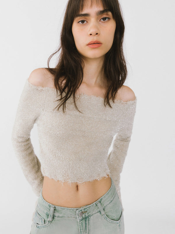 Cubic Off-Shoulder Long Sleeve Knit Crop Top White Smoke
