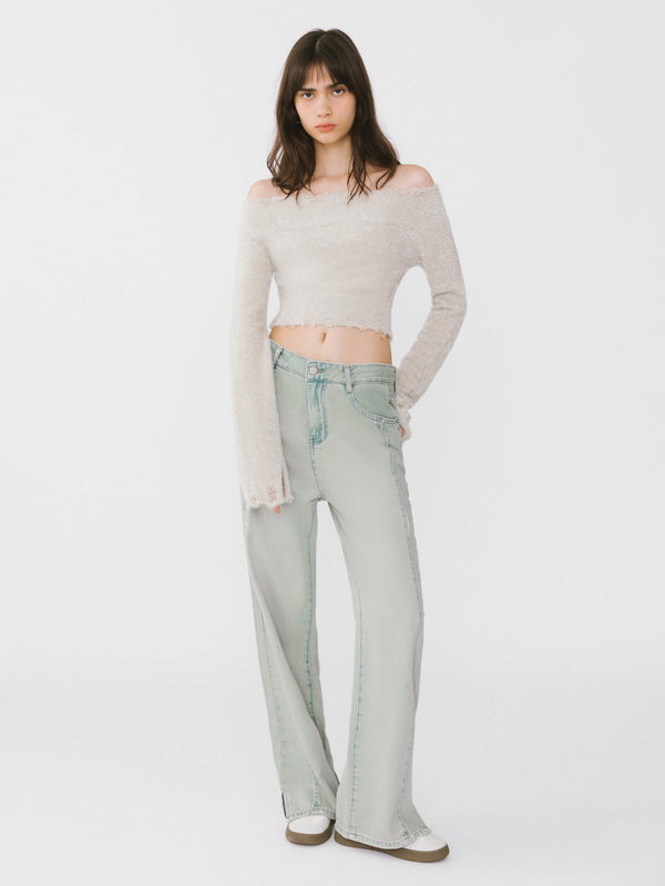 Cubic Off-Shoulder Long Sleeve Knit Crop Top White Smoke