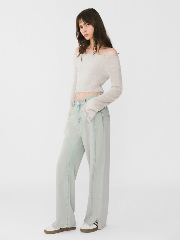 Cubic Off-Shoulder Long Sleeve Knit Crop Top White Smoke