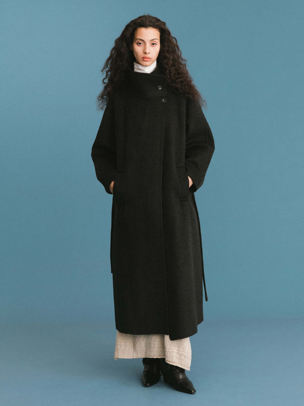 Cubic ONE BY CUBIC Double Face Tailored 100% Sheep Wool Coat With Belt Black