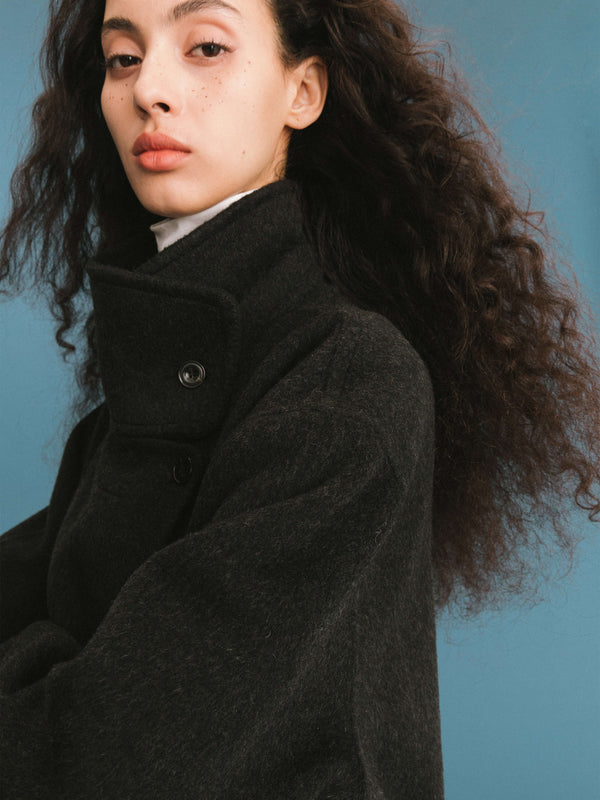 Cubic ONE BY CUBIC Double Face Tailored 100% Sheep Wool Coat With Belt Black