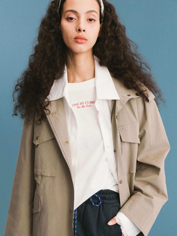 Cubic ONE BY CUBIC Funnel Neck 100% Cotton Cargo Jacket Tan