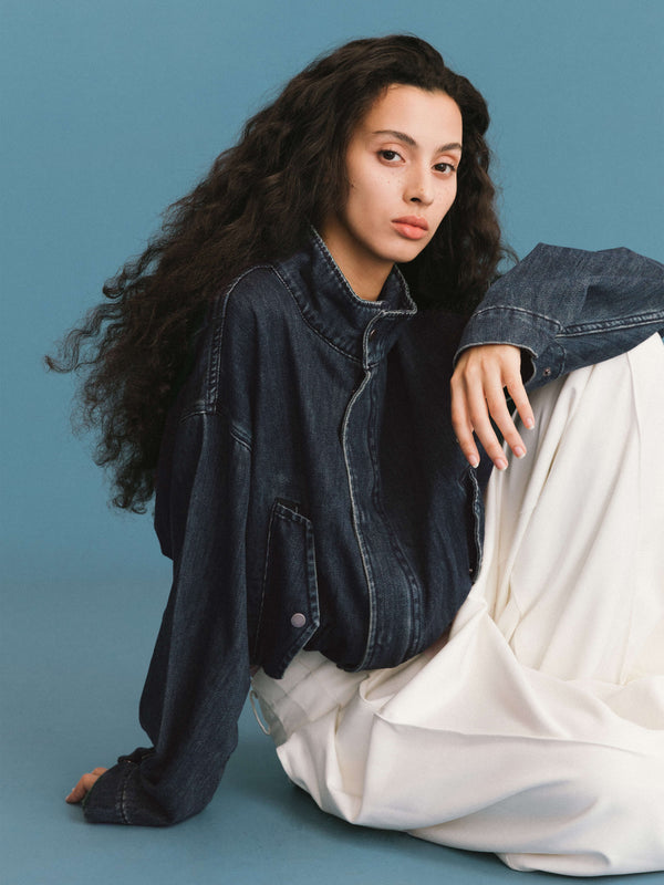 cubic ONE BY CUBIC Funnel Neck Denim Jacket SteelBlue