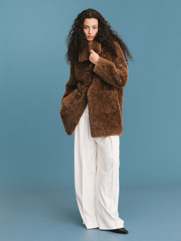 Cubic ONE BY CUBIC Hign Collar Furry 100% Wool Coat AntiqueWhite