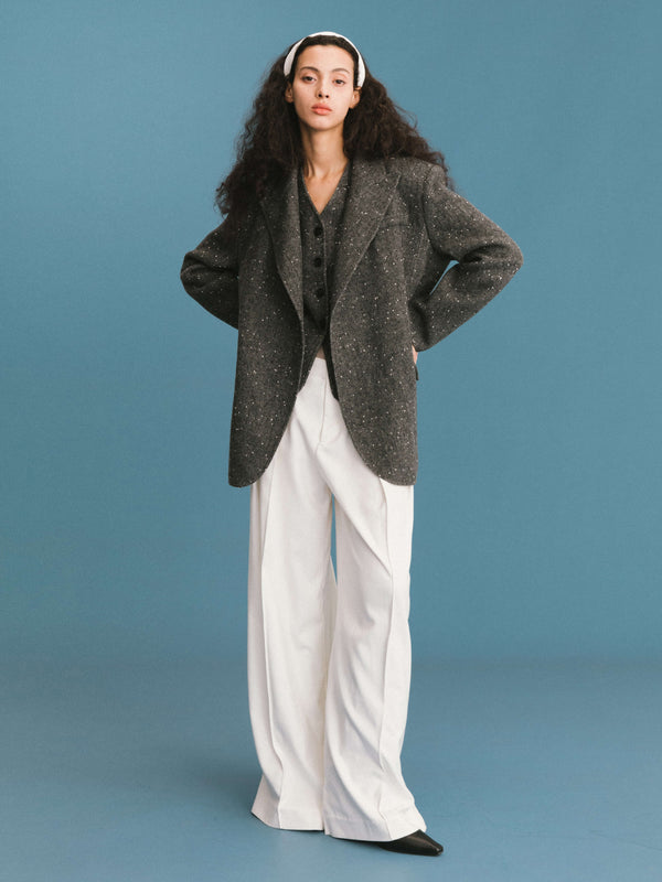 Cubic ONE BY CUBIC Pleated Wide Leg Wool Blend Trousers Black