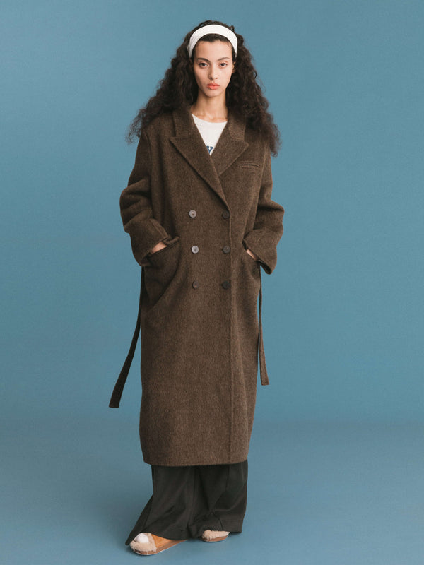 Cubic ONE BY CUBIC Straight Wool Blend Long Coat SaddleBrown