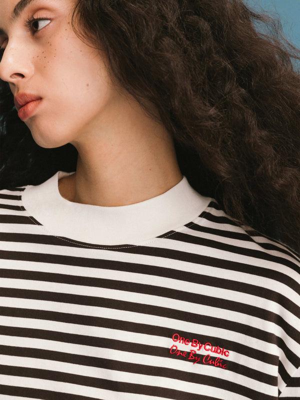 Cubic ONE BY CUBIC Stripped Mock Neck 100% Cotton Knitted Jumper Black