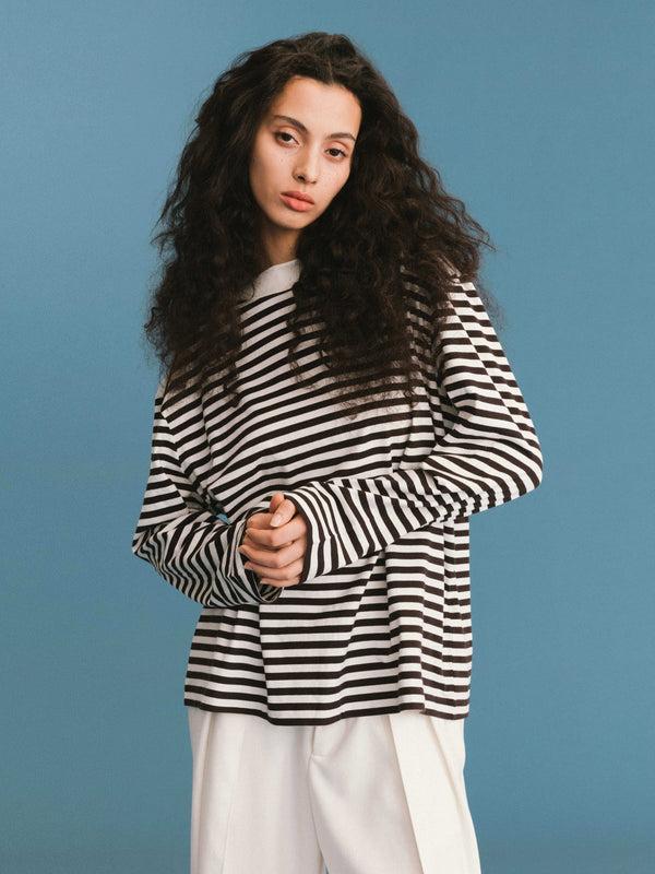 Cubic ONE BY CUBIC Stripped Mock Neck 100% Cotton Knitted Jumper Black