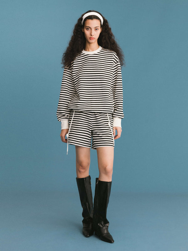 cubic ONE BY CUBIC Stripped Sweatshirt and Shorts Set Black