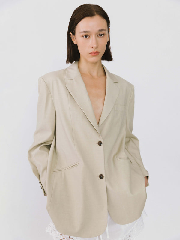 Cubic Oversized Shoulder Single Breasted Blazer With Wool Blend Beige