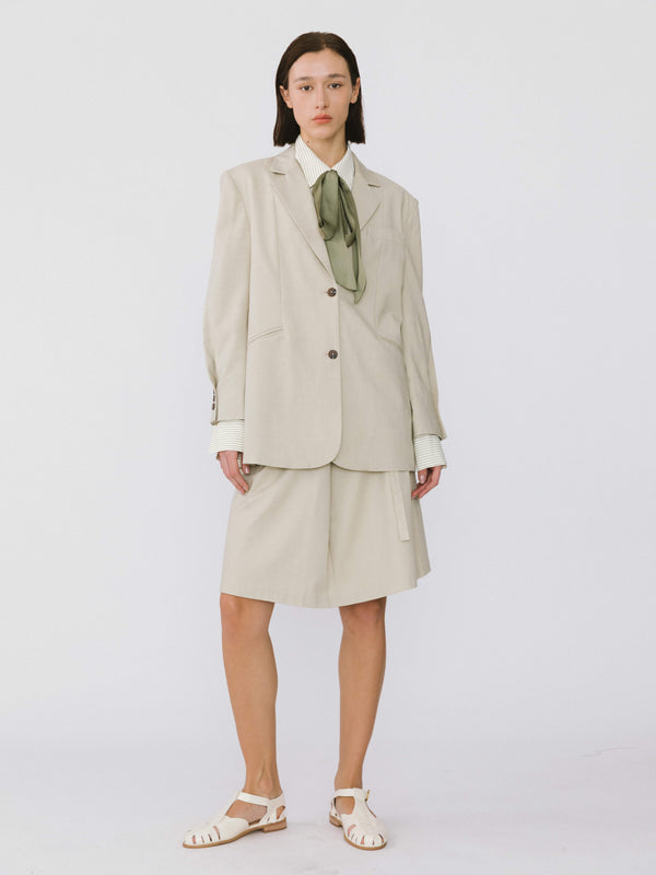 Cubic Oversized Shoulder Single Breasted Blazer With Wool Blend Beige