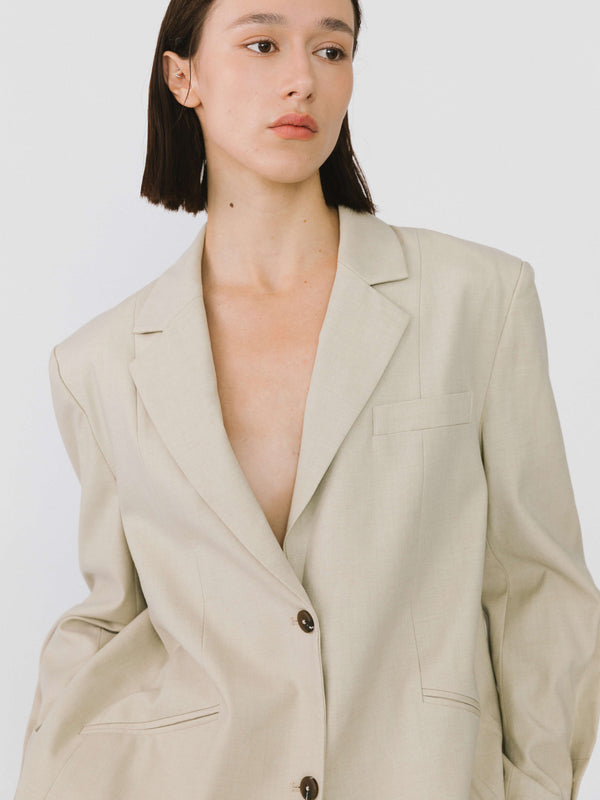 Cubic Oversized Shoulder Single Breasted Blazer With Wool Blend Beige