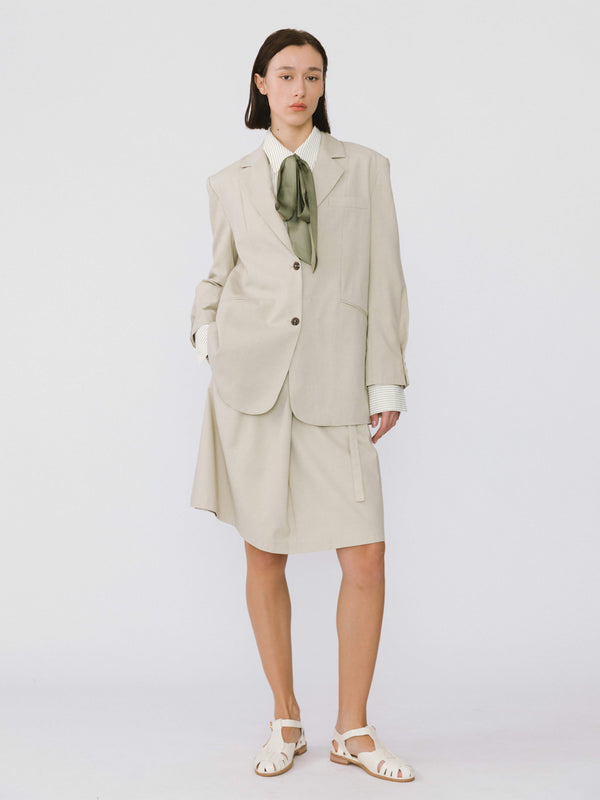 cubic Oversized Shoulder Single Breasted Blazer with Wool Blend Beige