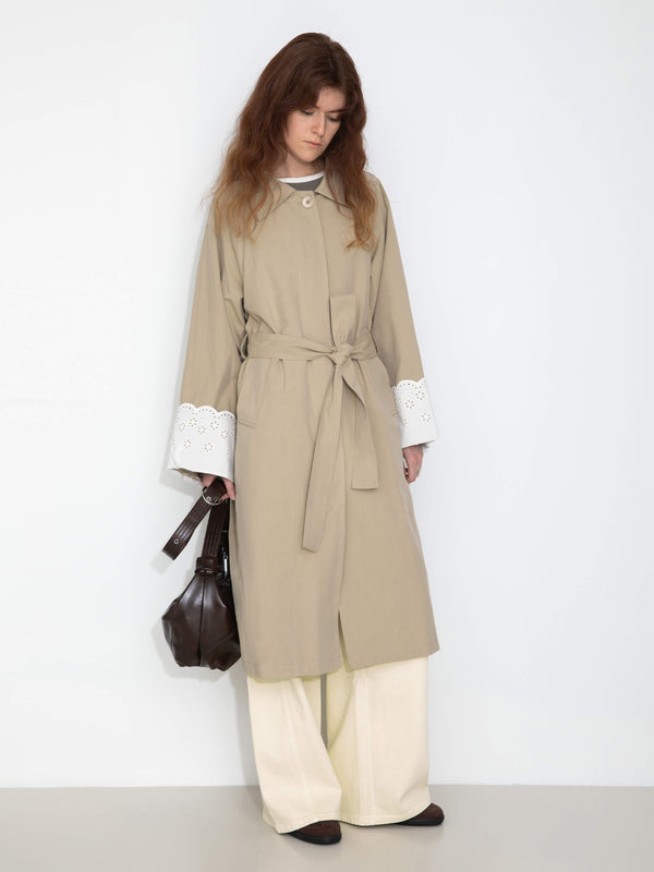 cubic Oversized Thin Trench Coat with Lace Cuffs Wheat