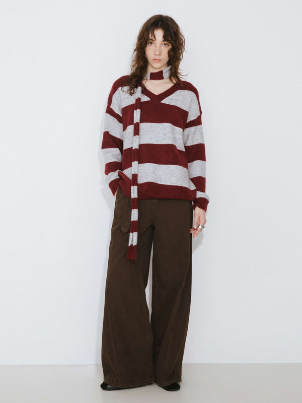 Cubic Oversized V-neck Contrast Striped Sweater With Scarf DarkRed