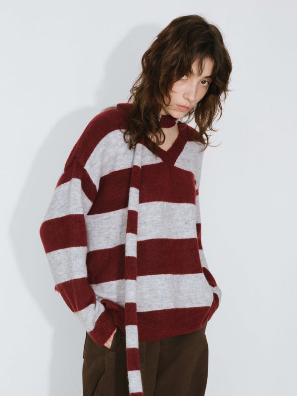 Cubic Oversized V-neck Contrast Striped Sweater With Scarf DarkRed