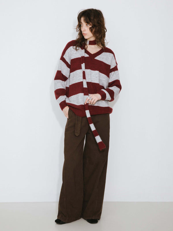 Cubic Oversized V-neck Contrast Striped Sweater With Scarf DarkRed