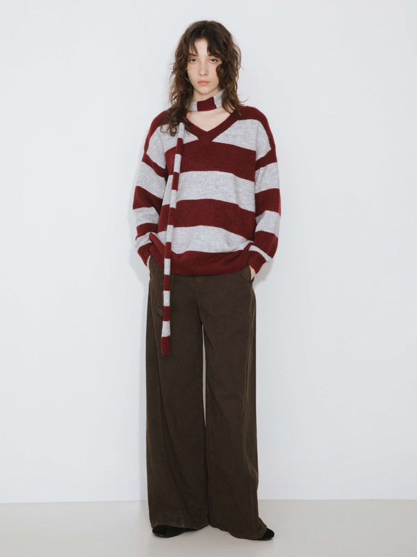 cubic Oversized V-neck Contrast Striped Sweater With Scarf DarkRed