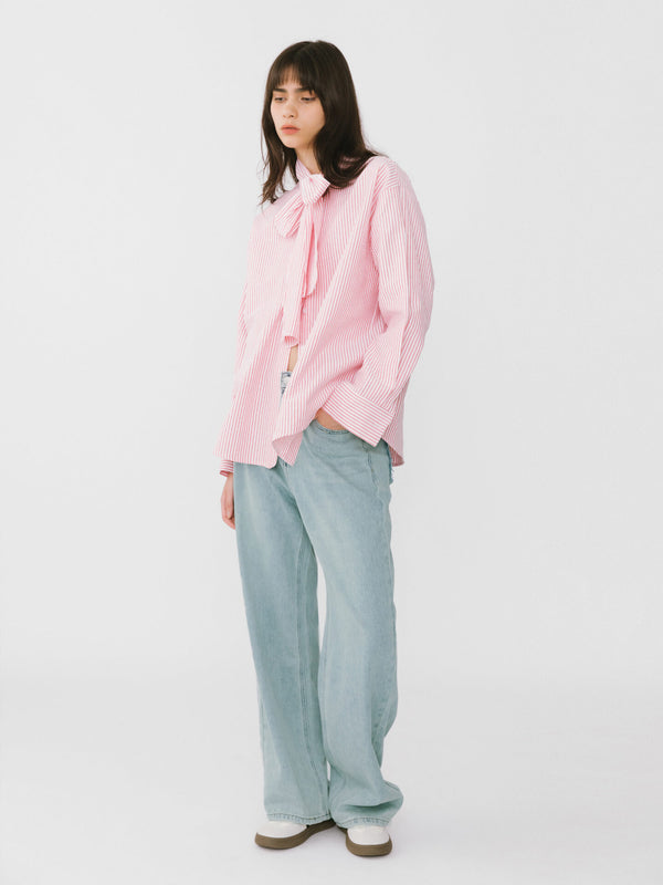 Cubic Pinstripe Long Sleeves Shirt With Tie Down Collar LightGray