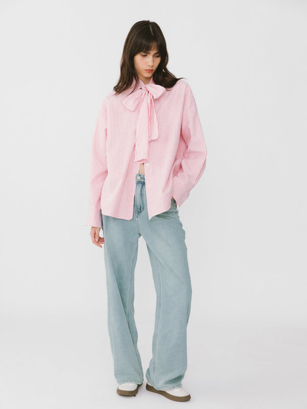 Cubic Pinstripe Long Sleeves Shirt With Tie Down Collar LightGray