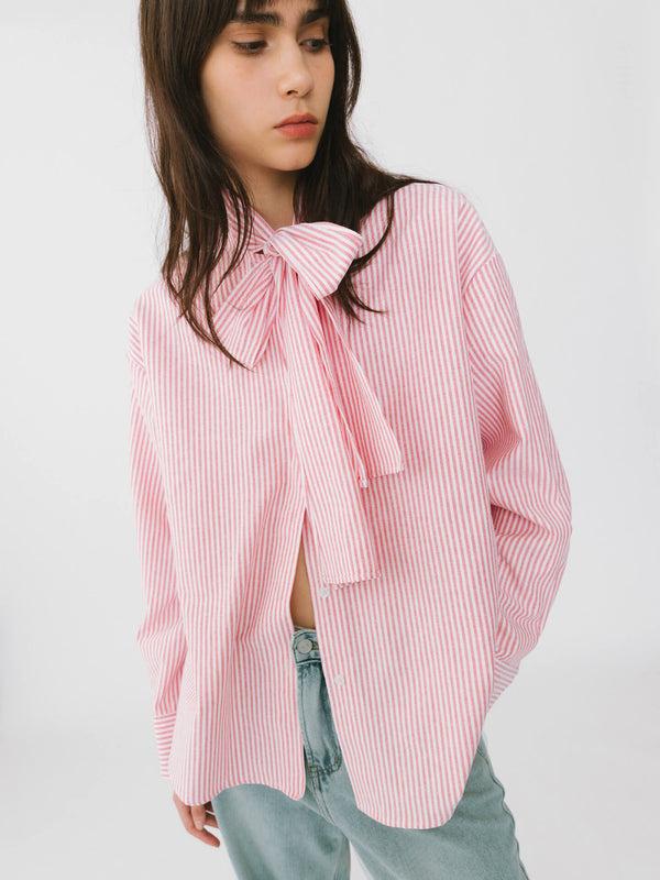 cubic Pinstripe Long Sleeves Shirt with Tie Down Collar LightGray