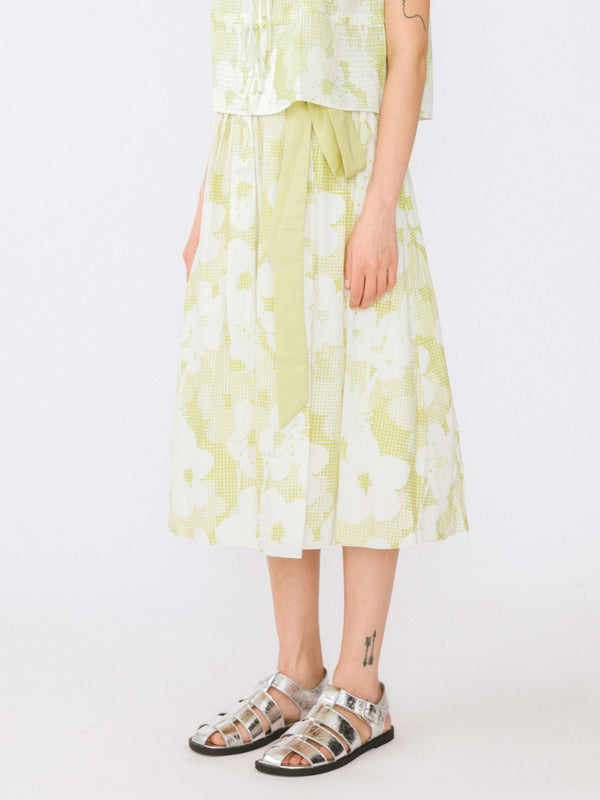 Cubic Plaid And Floral A-line Midi Cotton Skirt Green