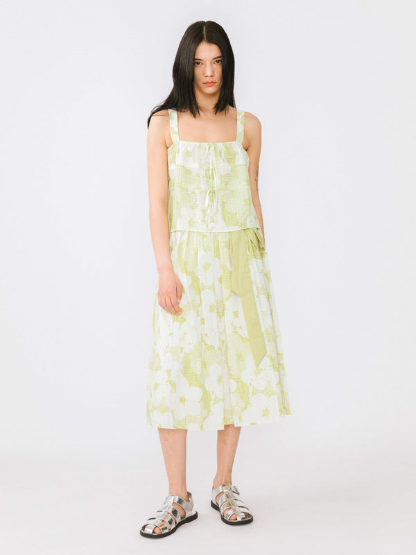 Cubic Plaid And Floral A-line Midi Cotton Skirt Green