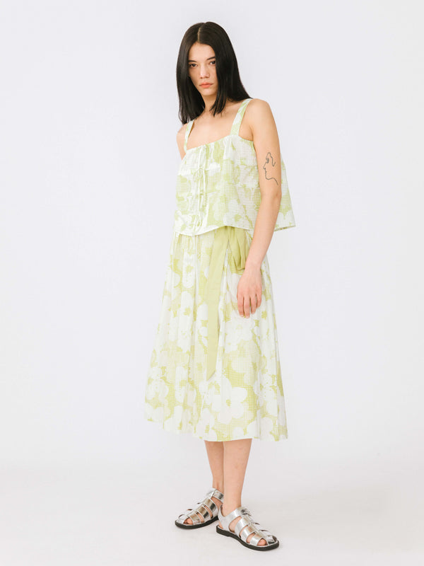 Cubic Plaid And Floral A-line Midi Cotton Skirt Green